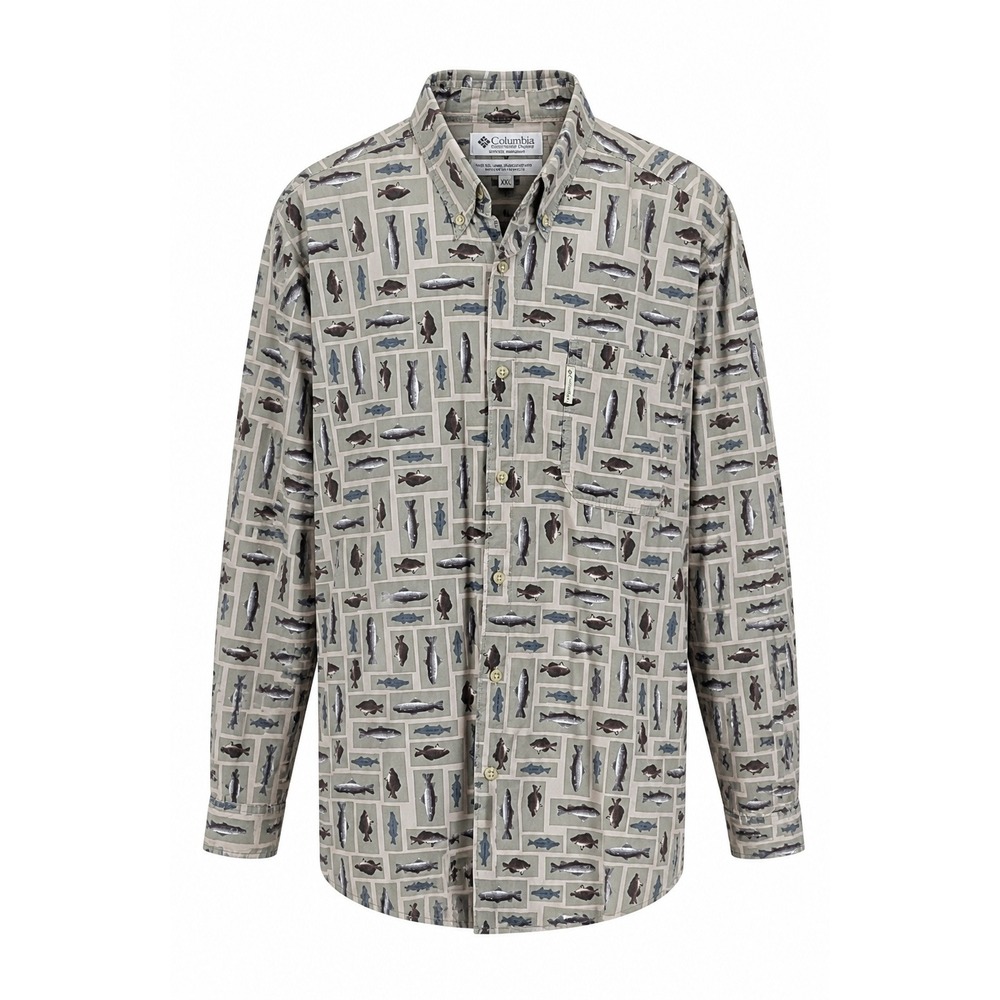 Columbia Mens XXL Fish Print Button Down Shirt Tan Long Sleeve Cotton Outdoor